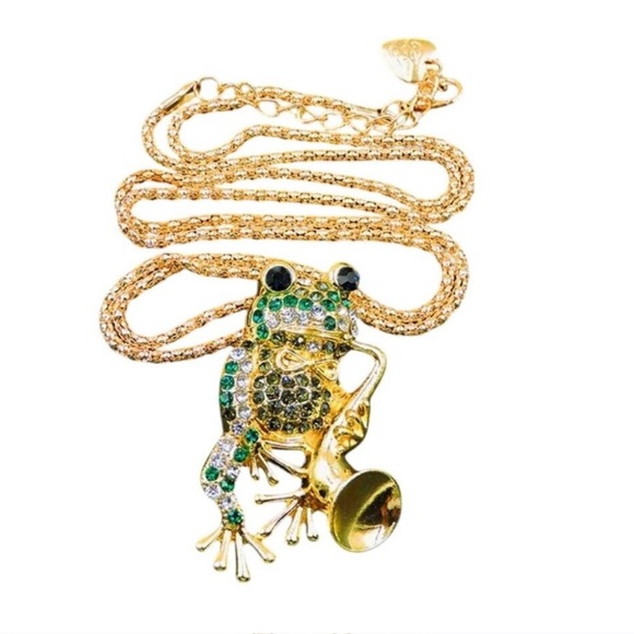 Betsey Johnson Necklace Crystal Frog Sax Saxophone Brooch /Pendant Gold NWT‎ - Picture 1 of 8